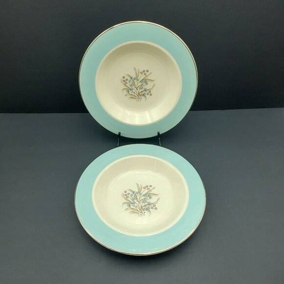 Taylor Smith Taylor TST33 Rim Soup Bowls TST Turquoise Floral Rimmed Soup Bowls - Picture 1 of 8